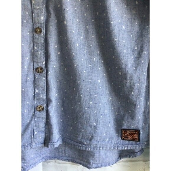 Volcolm Jeans Light Blue White Speckle Polka Dot Pocket Button Down Top Sz Small - Picture 3 of 5